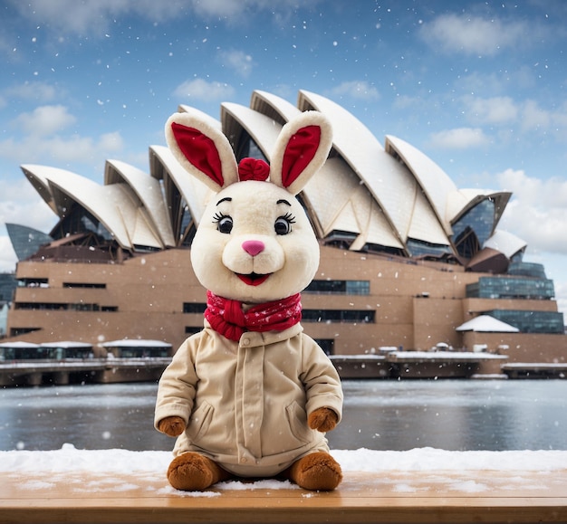 Un lindo conejito sentado frente a la Ópera de Sydney durante una nevada