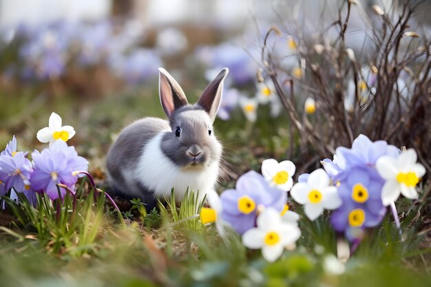 Lindo conejito sentado en el prado de primavera de campo verde con fondo de naturaleza de flores de azafrán Concepto de Pascua con conejo generado por IA