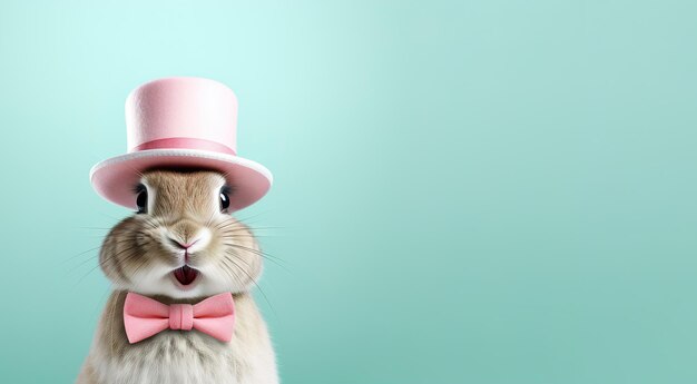 Lindo conejito sorprendido con sombrero rosa sobre fondo azul Feliz concepto de Pascua