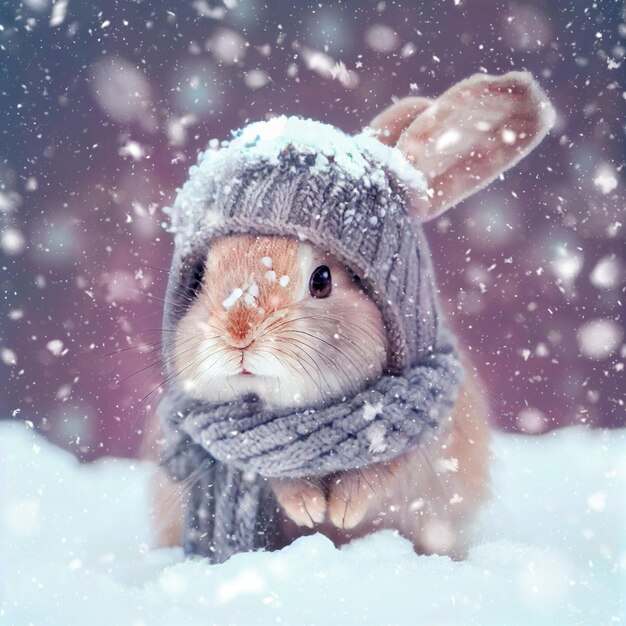 Lindo conejo adorable con una bufanda y sombrero tricotado en la nieve fondo de invierno