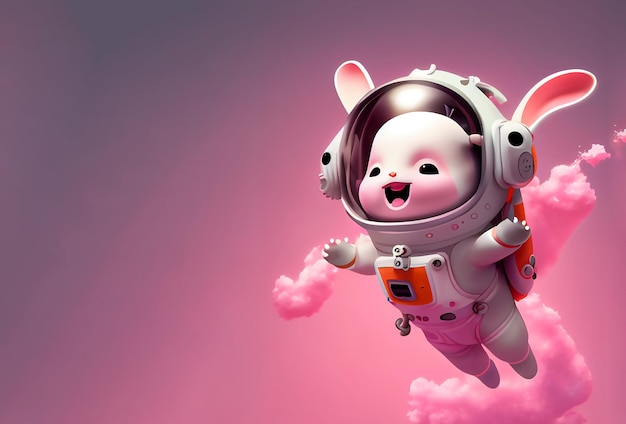 Foto lindo conejo astronauta flotando sobre fondo rosa