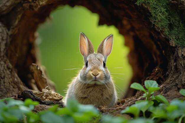 El lindo conejo bebé espiando desde el tronco en el bosque de primavera