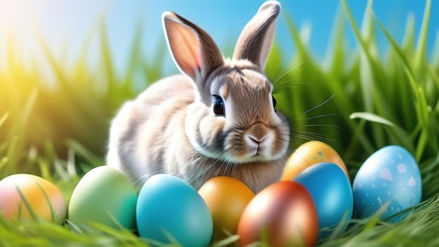 Lindo conejo bebé esponjoso huevos de Pascua mascota encantadora en la granja ecológica