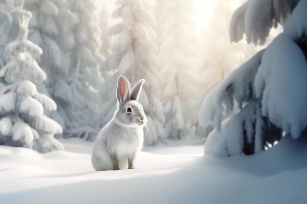 Lindo conejo blanco en el bosque de invierno conejo de Pascua en el bosque nevado