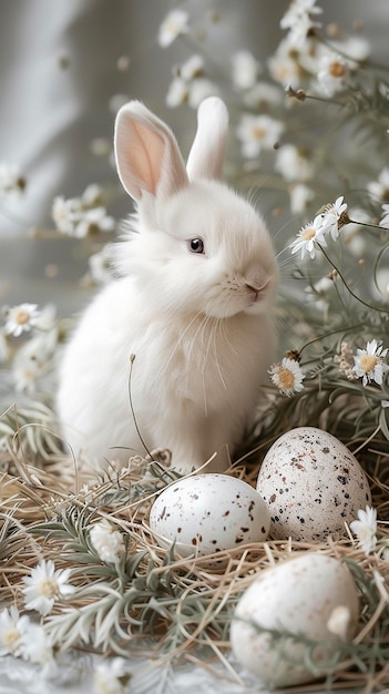 Un lindo conejo blanco con una cara media y huevos de Pascua entre hermosas margaritas blancas