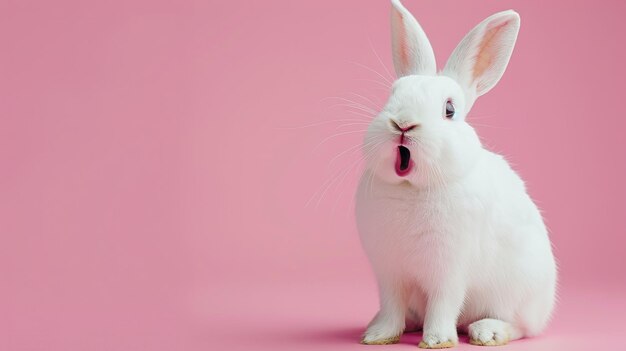 Foto un lindo conejo blanco con una cara sorprendida y boca abierta en un fondo rosa espacio símbolo de pascua para el texto