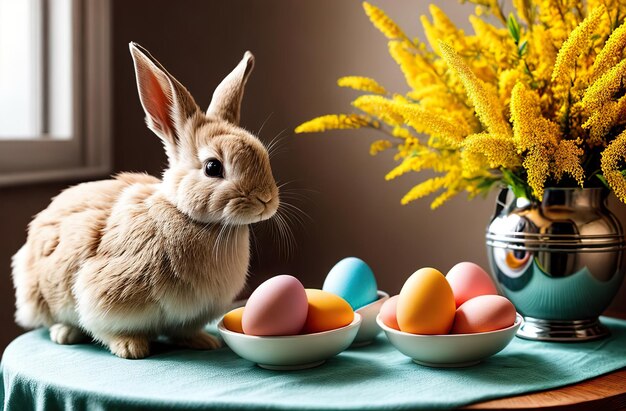 El lindo conejo blanco esponjoso de Pascua sentado en la mesa de la cocina junto a los huevos decorados