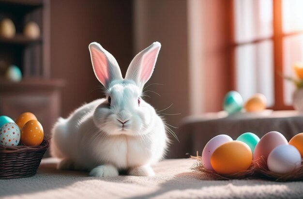 El lindo conejo blanco esponjoso de Pascua sentado en la mesa de la cocina junto a los huevos decorados