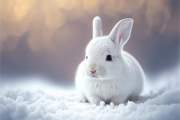 Lindo conejo blanco en la nieve Ilustración fotorrealista Generado por IA