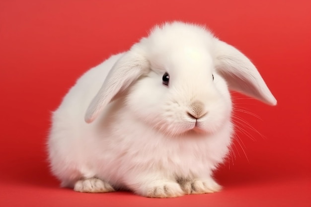 Lindo conejo blanco sobre un fondo rojo Conejito de Pascua IA generativa