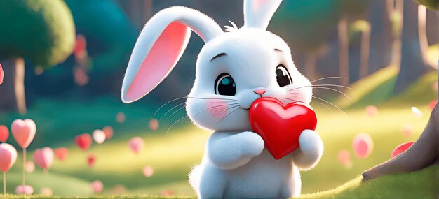 Un lindo conejo blanco sosteniendo un corazón de San Valentín rojo en estilo de animación 3D