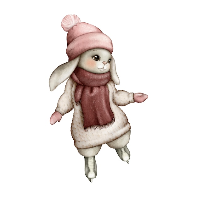 Un lindo conejo con un cálido suéter verde y una bufanda está patinando Ilustración infantil Diseño de personajes Perfecto para postales, decoraciones, empaques, carteles, impresiones y más