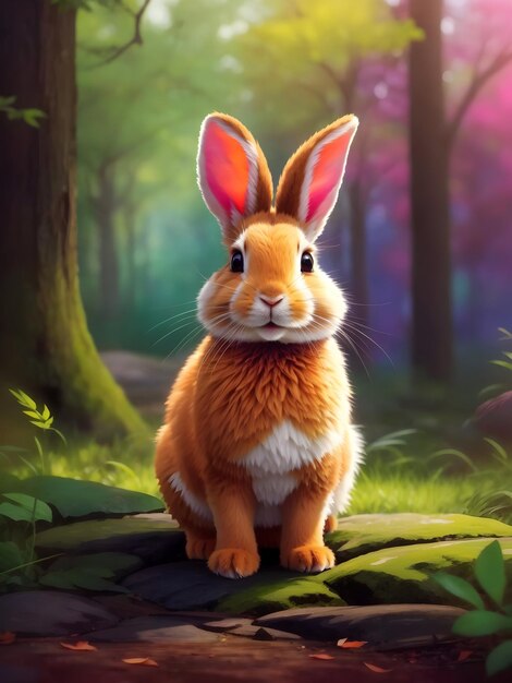 Un lindo conejo colorido en un ambiente natural.