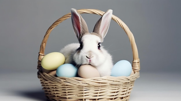 Lindo conejo y coloridos huevos de pascua pintados Concepto de feliz día de pascua