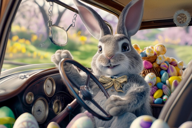 Lindo conejo conduciendo un coche antiguo lleno de huevos de Pascua conejo personaje de dibujos animados de Pascua Ilustración