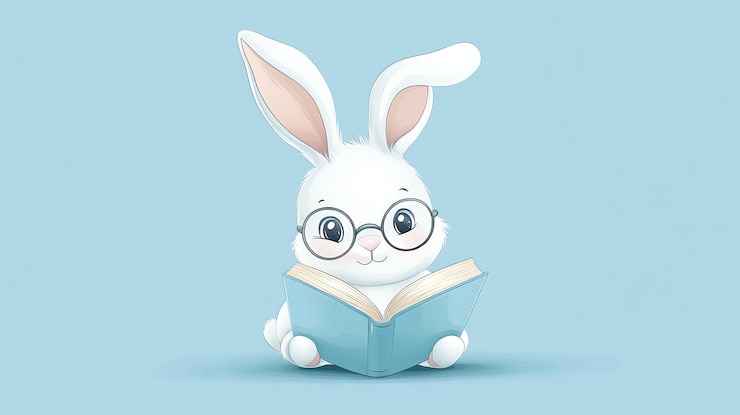 Un lindo conejo de dibujos animados con gafas y leyendo un libro