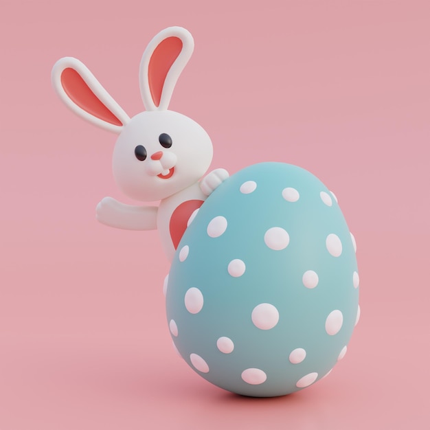 Lindo conejo de dibujos animados y huevos de Pascua aislados en fondo rosa Feliz día de Pascua Celebración Internacional de la Primavera renderización 3d