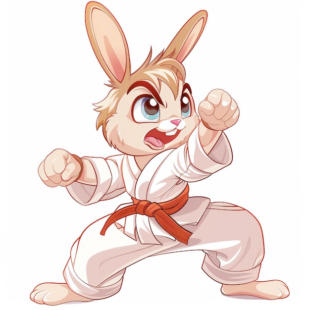Un lindo conejo de dibujos animados con un uniforme blanco de karate con un cinturón naranja tiene los puños levantados y está gritando