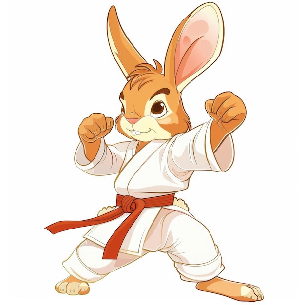 Un lindo conejo de dibujos animados en un uniforme de karate blanco con un cinturón rojo de pie en una postura de lucha