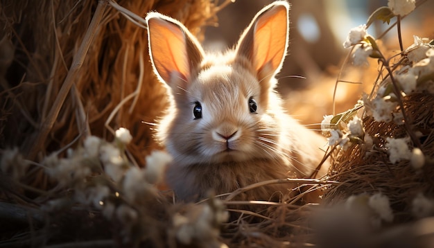 Lindo conejo esponjoso sentado en la hierba disfrutando de la naturaleza generada por inteligencia artificial
