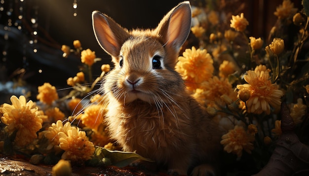 Lindo conejo esponjoso sentado en la hierba rodeado de flores generadas por inteligencia artificial