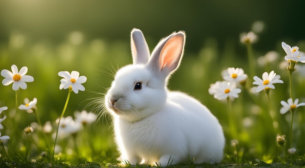 Lindo conejo esponjoso sobre hierba con flores