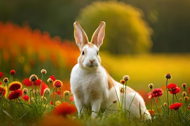 lindo conejo con flores en un verde natural