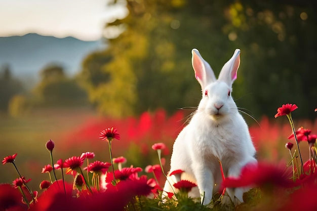 lindo conejo con flores en un verde natural