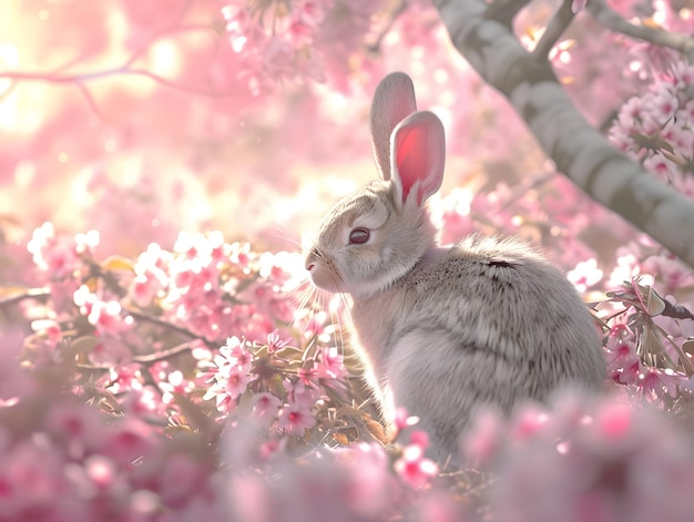 El lindo conejo en el fondo de las flores de cerezo de primavera