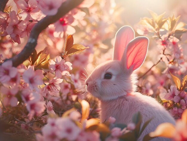 El lindo conejo en el fondo de las flores de cerezo de primavera