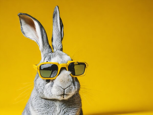 Foto lindo conejo con gafas de sol sobre fondo amarillo