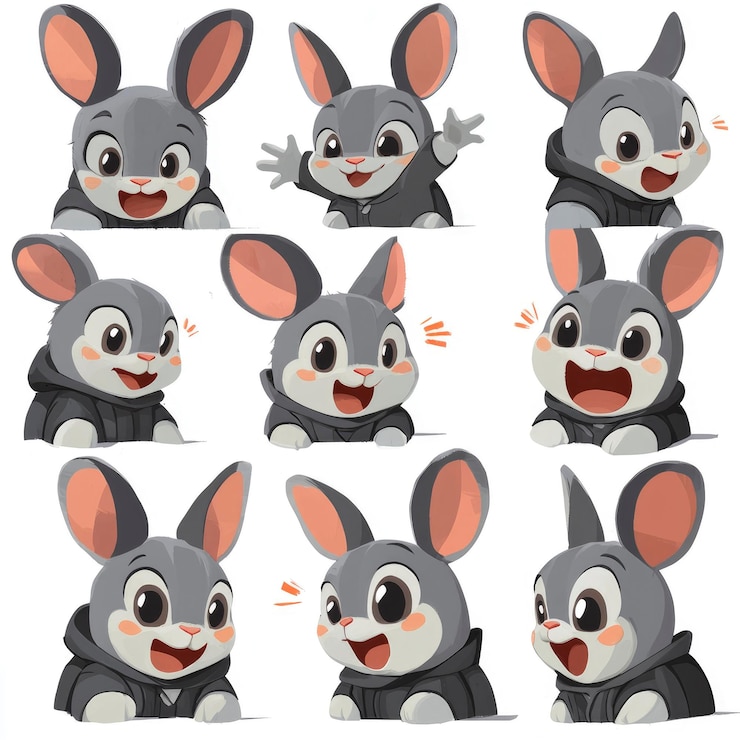 Foto el lindo conejo gris de dibujos animados con diferentes expresiones