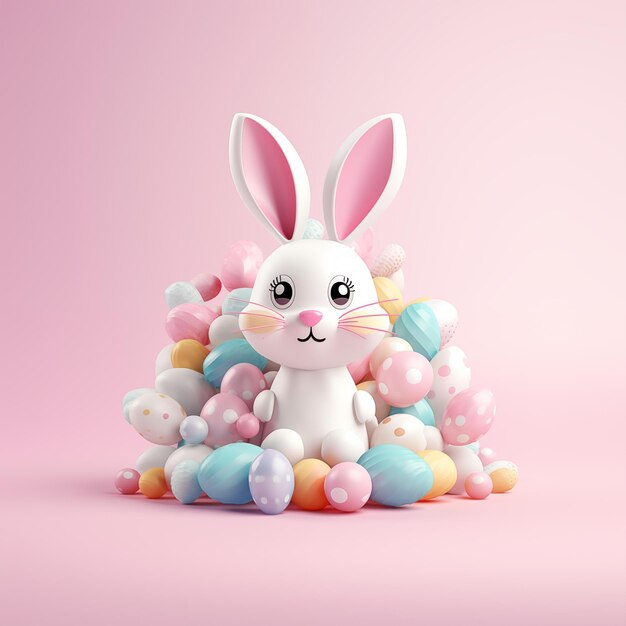 Lindo conejo con huevos aislados en fondo rosa 3d Concepto o estandarte de Feliz Día de Pascua