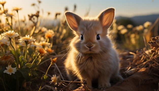 Un lindo conejo joven sentado en la hierba disfrutando de la belleza natural generada por la inteligencia artificial