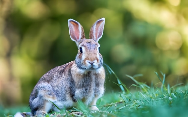 Foto lindo conejo jugando en la hierba