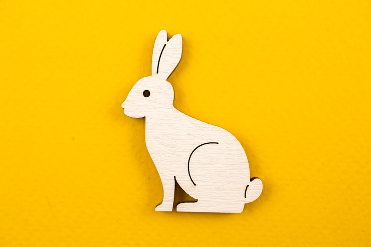 Foto lindo conejo de madera, primer plano de la decoración del conejito de pascua