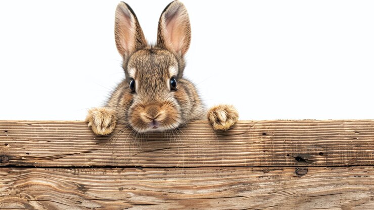 El lindo conejo marrón mirando por encima de la valla de madera con una expresión adorable sobre un fondo blanco