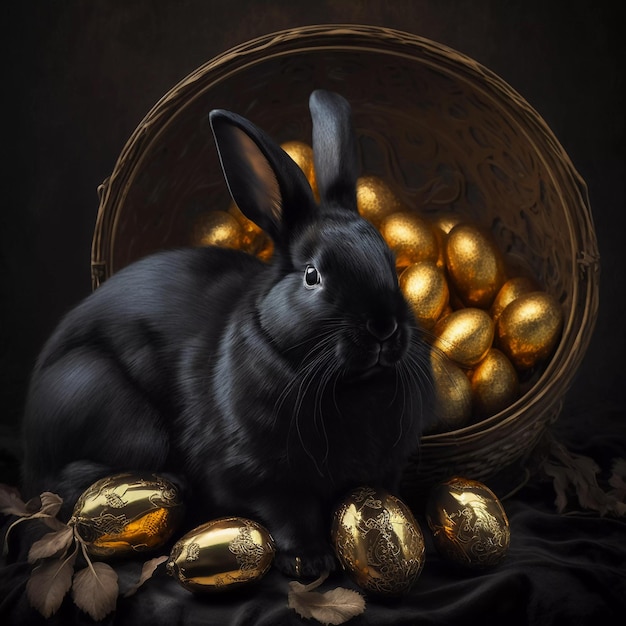 Un lindo conejo negro se sienta junto a una canasta de huevos de Pascua dorados Diseño de Pascua