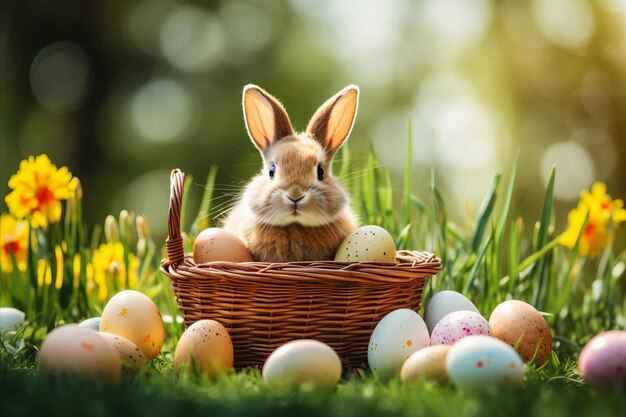 El lindo conejo de Pascua y los coloridos huevos de Pascua en una canasta de mimbre al aire libre en verano