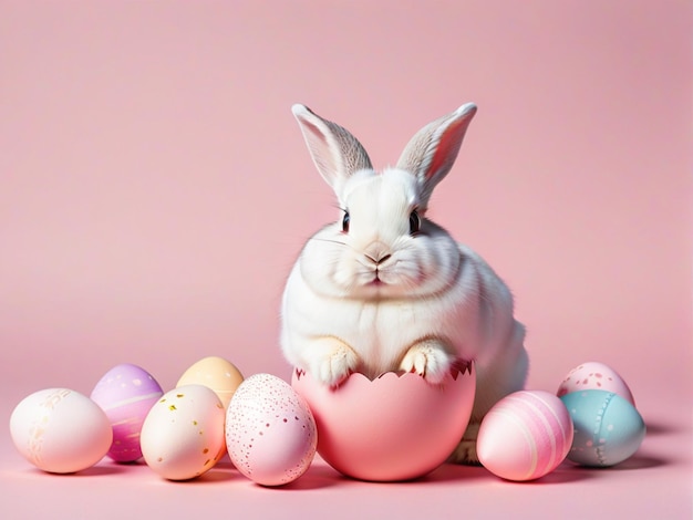 El lindo conejo de Pascua eclosiona de un huevo de Pascua rosa aislado en un fondo rosa pastel con espacio para copiar