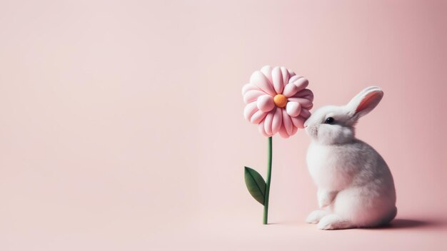 Lindo conejo de Pascua con flor en fondo de color pastel Feliz concepto de Pascua