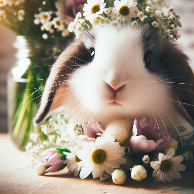 El lindo conejo de Pascua y las flores de primavera sobre un fondo blanco de cerca