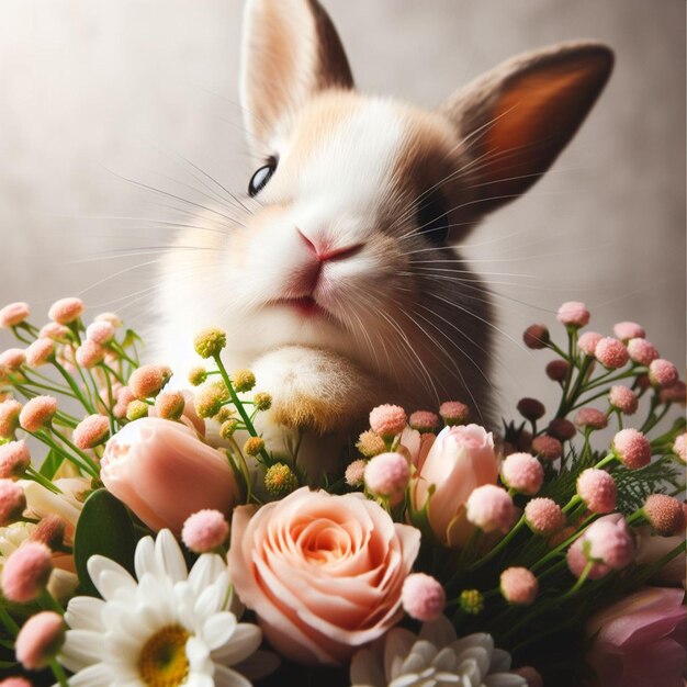 El lindo conejo de Pascua y las flores de primavera sobre un fondo blanco de cerca