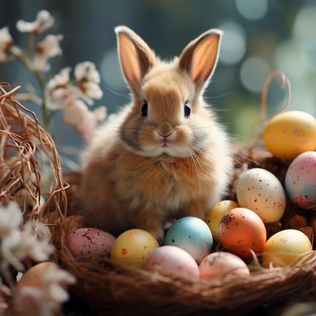 Foto lindo conejo de pascua con huevos imagen ia generativa