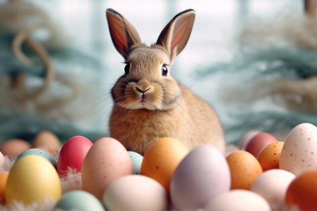 Lindo conejo de Pascua con huevos de Pascua coloridos mirando a la cámara con espacio para el texto de Pascua