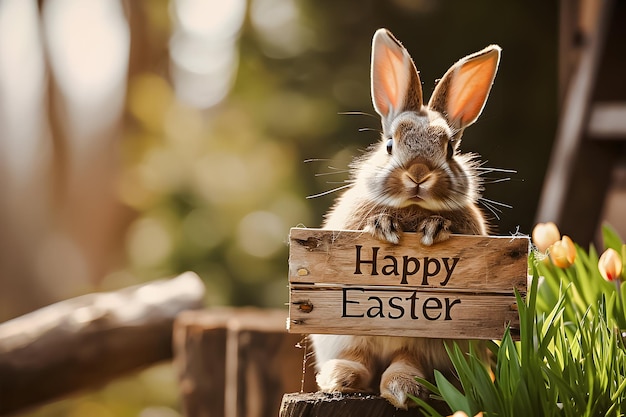 Lindo conejo de Pascua con huevos de Pascua y un letrero