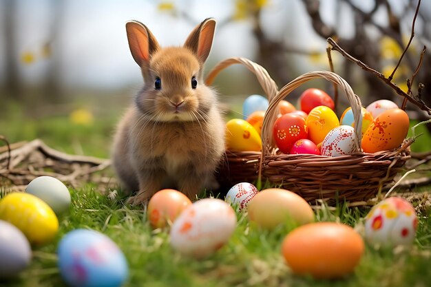 Lindo conejo de Pascua con huevos de Pascua