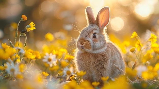 Lindo conejo de Pascua en un jardín con fondo amarillo