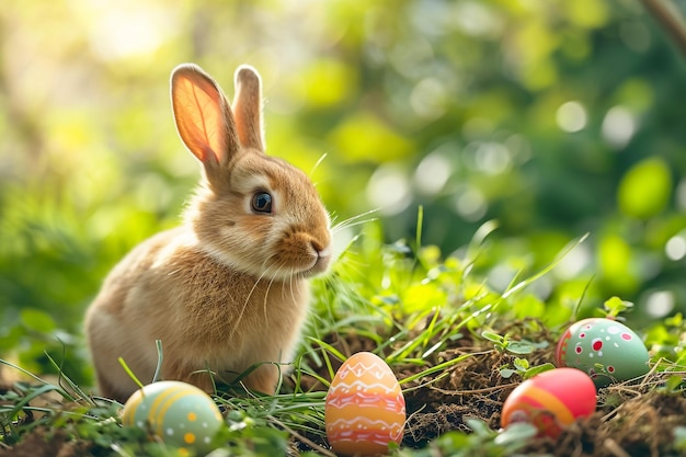 El lindo conejo de Pascua en el jardín soleado con huevos decorados de colores