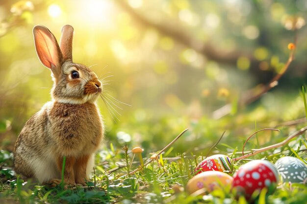 El lindo conejo de Pascua en el jardín soleado con huevos decorados de colores